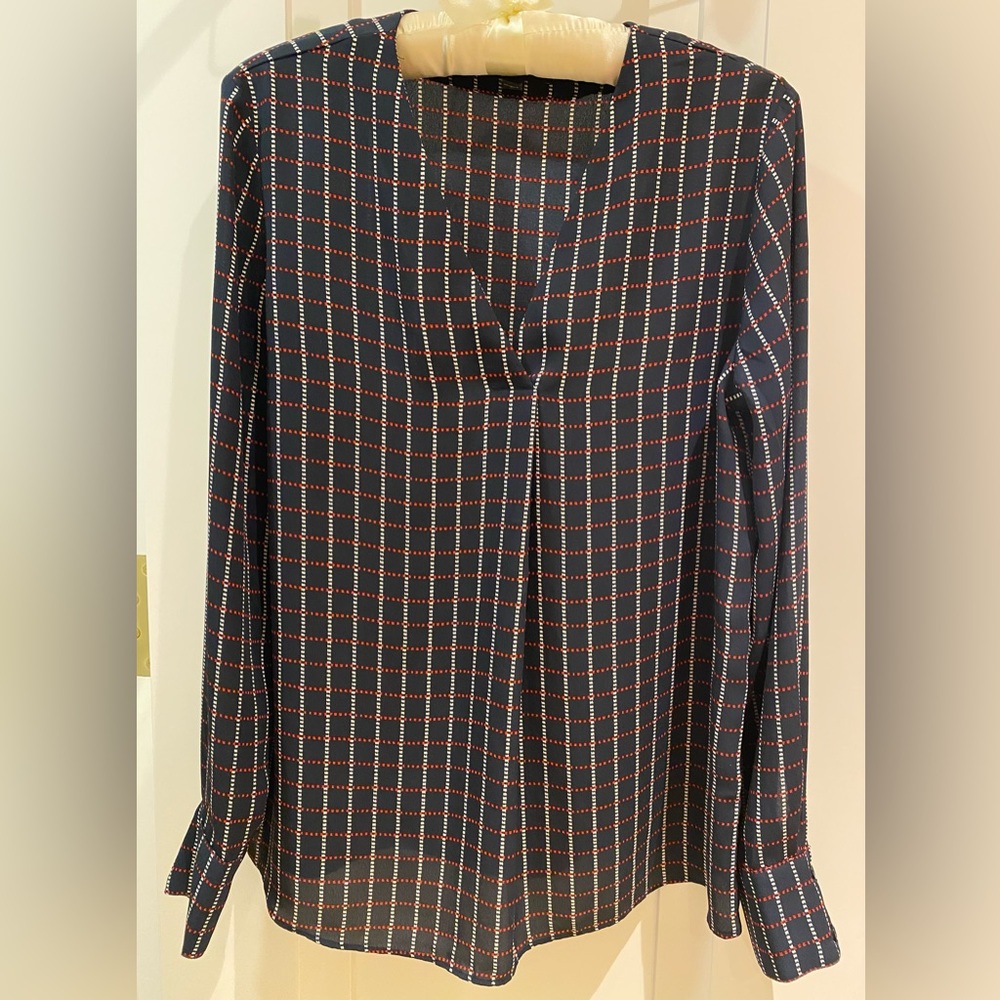Banana Republic Long Sleeve V Neck Blouse Red White Blue Box Pattern Loose Fit S